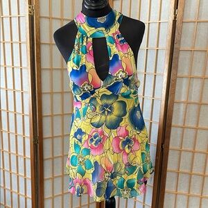 Bisou Bisou Vibrant Floral Halter Mini Halter Top Y2K
